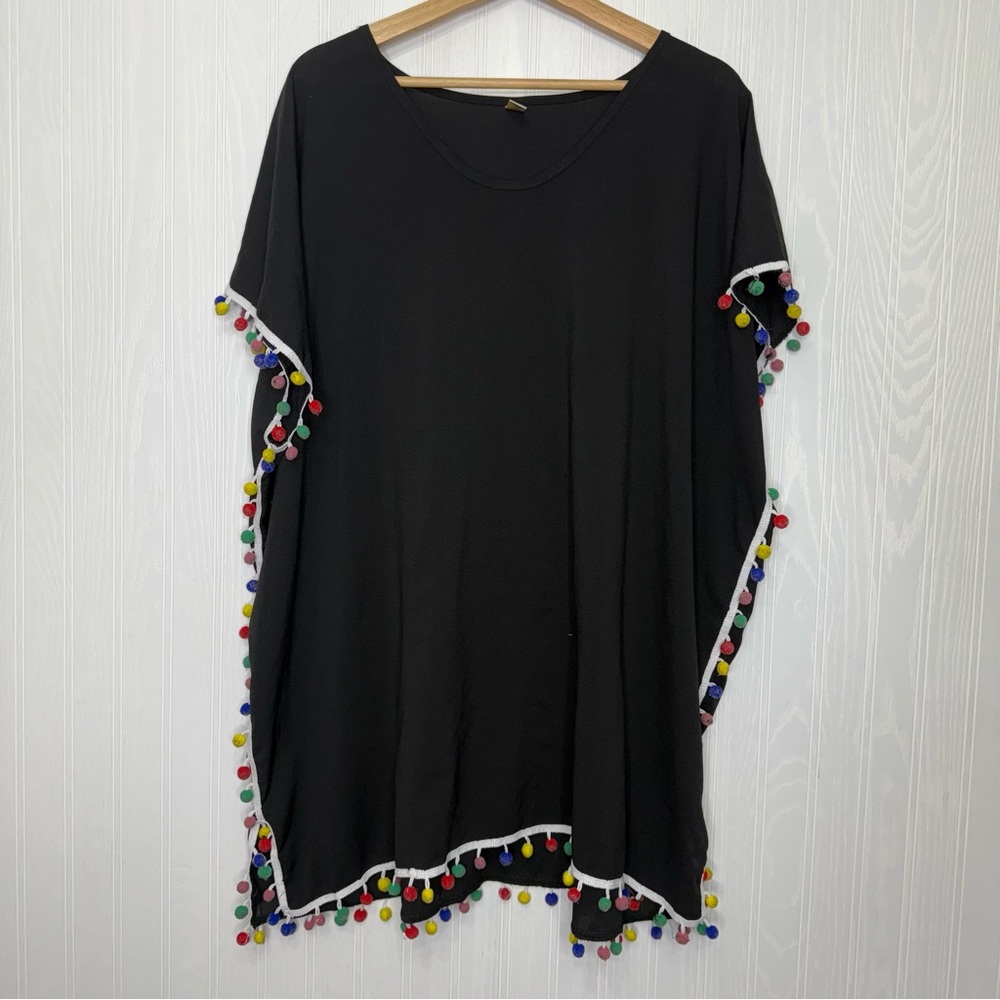 Black swimsuit cover up with multi color Pom poms size 2X